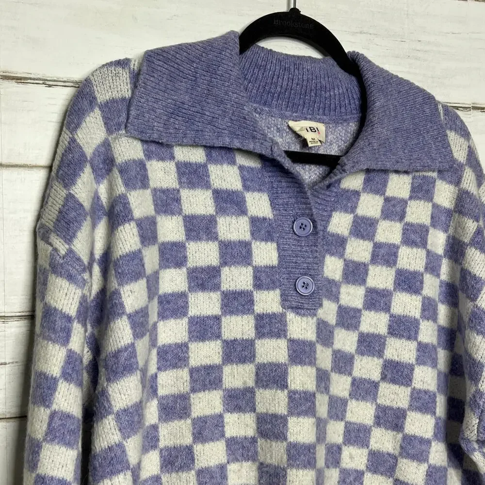 Bibi Purple Checker Knit Pullover Sweater Size Medium Oversized Collared